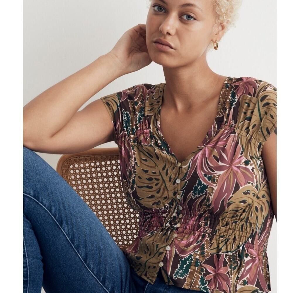 Madewell Floral Palm Tropical Print Crop Short Sleeve Green Pink Blouse Size L
